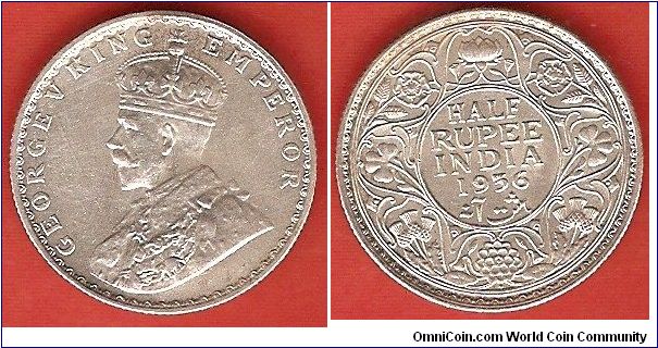 British India
1/2 rupee
George V, king, emperor
0.917 silver
Mumbai Mint