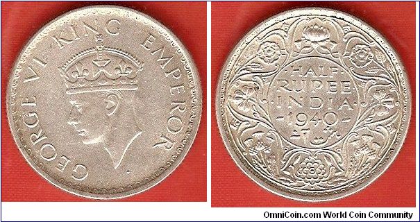 British India
1/2 rupee
George VI, king, emperor
second head
edge: reeded
0.500 silver
Mumbai Mint
