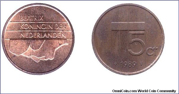 Netherlands, 5 cents, 1989, Bronze, 21mm, 3.5g, Queen Beatrix.                                                                                                                                                                                                                                                                                                                                                                                                                                                      