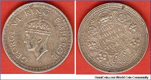British India
1/2 rupee
George VI, king, emperor
slightly modified second head
0.500 silver
Lahore Mint