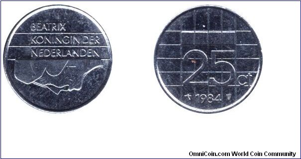 Netherlands, 25 cents, 1984, Ni, 19mm, 3g, Queen Beatrix.                                                                                                                                                                                                                                                                                                                                                                                                                                                           