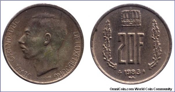 Luxembourg, 20 francs, 1983, Bronze, Grand Duke Jean.                                                                                                                                                                                                                                                                                                                                                                                                                                                               