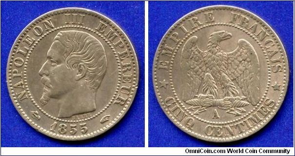 5 centimes.
Napoleon III (1852-1870) without the laurel wreath.
'A' - Paris mint.


Br.