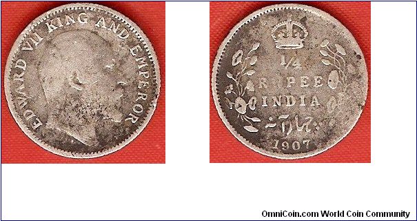 British India
1/4 rupee
Edward VII, king and emperor
0.917 silver
Calcutta Mint