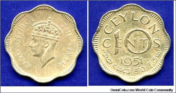 10 cents.
George VI (1936-1952) King.
British Ceylon.


Br.