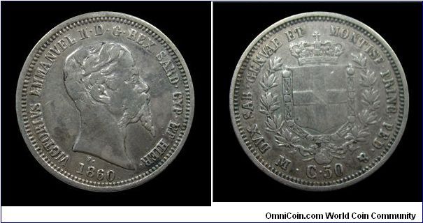 Kingdom of Sardinia - Victor Emmanuel II - Milan mint - 50 Centesimi - Silver