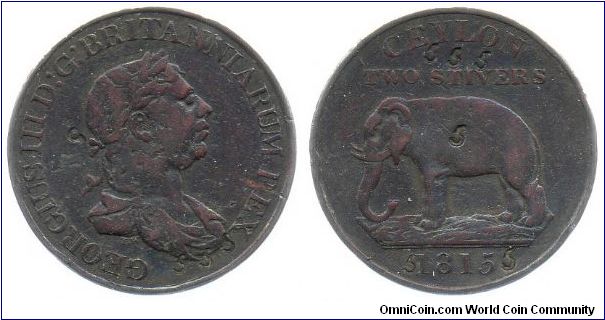 Ceylon 1815 2 Stivers - punched with numerous small 5s