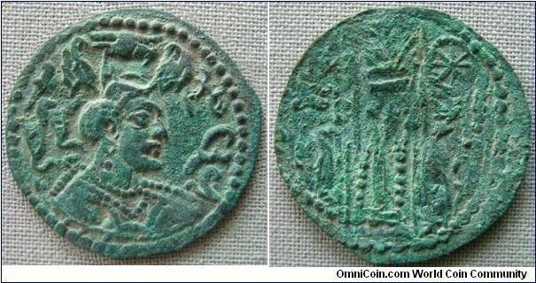 Turkic dynasty, Nezak Huns Napki Malka (c. AD 630-711), AE drachm. 3.2g, Bronze, 26.16mm. Obv: Portrait right with bulls head crown, 'NAPKI MALKA' in Pahlavi. Rev: Firealtar with attendants, wheel symbols in fields above. Mint: Kabul. This is very famous Silk Road coin which has close contacts with the Tang Dynasty and Five Dynasties of ancient China. Nezak Huns is a Western Turk khanate that found in Afghanistan area. Note: This rare coin imitated the coinage of Peroz (Sasanian). Rare.