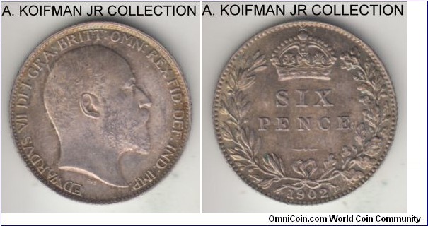 KM-799, 1902 Great Britain 6 pence; silver, reeded edge; Edward VII, first, coronation year, nicely toned choice uncirculated from old year set