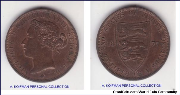 KM-8, 1877 Jersey 1/12'th of a shilling, Heaton mint, good extra fine or slightly better with lots of luster still showing up; plain edge bronze