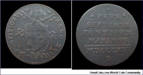 Papal States - Pius VII - 1/2 Baiocco V type (year XVII) - Bologna mint - Copper