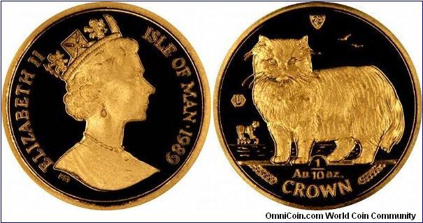 A Persian cat features on the reverse of this 1989 Manx one tenth ounce gold crown.