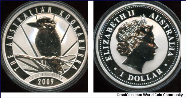 Kookaburra 
$1 
Designed by Darryl Bellotti
Laughing kookaburra sitting on a tree branch, with stylized sunrays behind and the date in a semi circle below
Queen Elizabet II by Ian Rank-Broadley
P20 mm = Perth Mint 
The 20 shows that this is the 20th annual issue of this series