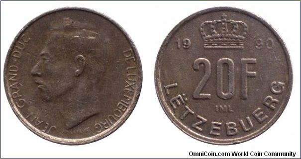 Luxembourg, 20 francs, 1990, Bronze, Grand Duke Jean, Letzebuerg.                                                                                                                                                                                                                                                                                                                                                                                                                                                   