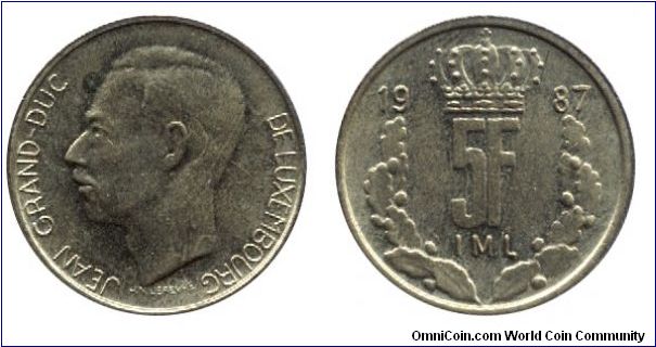 Luxembrourg, 5 francs, 1987, Brass, Grand Duke Jean.                                                                                                                                                                                                                                                                                                                                                                                                                                                                