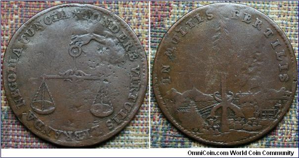 Netherlands Token 1677.  Hand from cloud holding a pair of balance-scales, Pondere virtutis libranda negotia Cuncta. Rev. A tree with 2 cornucopia in a pastoral landscape, In multis fertilis. Bronze 28mm