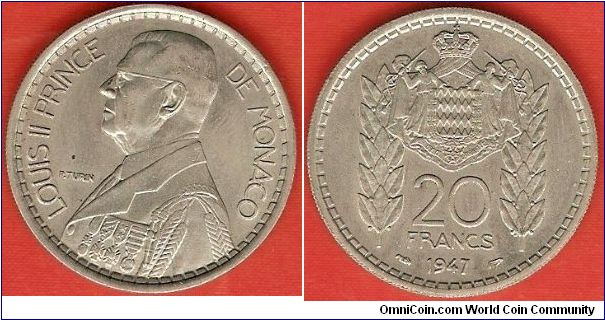 20 francs
Louis II, prince of Monaco
copper-nickel