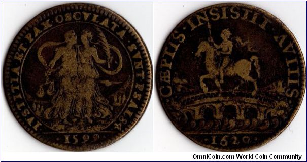 Interesting mule jeton with two different dated obverses (1599 and 1620).