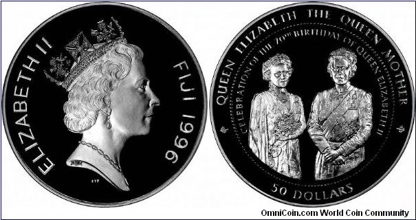 One kilo silver proof for the Queen's 70th birthday 1926 - 1996, shows Queen Elizabeth and the Queen Mother standing side by side.
