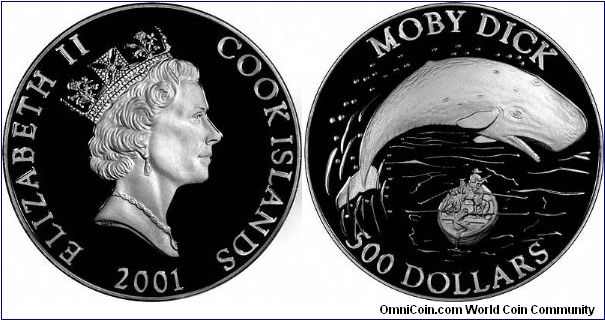 A whale of a coin! 2 kilo silver proof showing Moby Dick leaping over a tiny looking whaling boat with 6 crew. The display presentation is a wood and brass 'porthole' which assembles with brass screws.