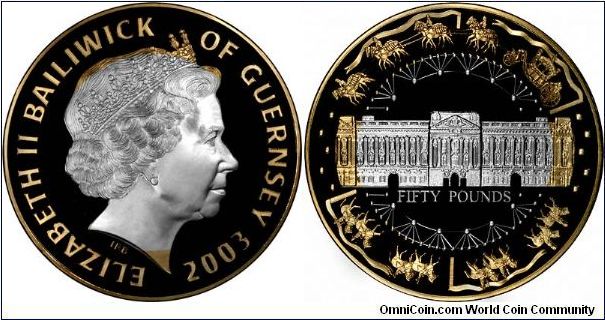 Another kilo silver coin with gold plating, for the 50th anniversary of the Coronation 1953 - 2003, the reverse showing Buckingham Palace and the value FIFTY POUNDS.
