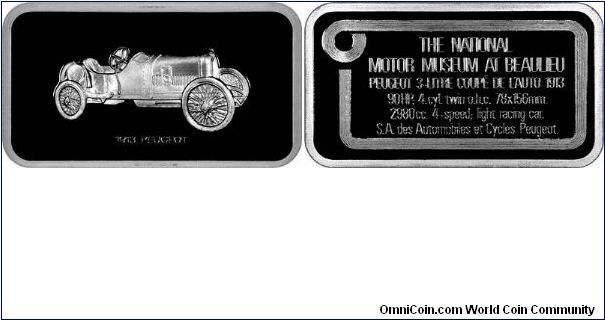 1913 Peugeot on silver ingot, one of 36 ingot shaped silver medallions, issued by John Pinches in about 1976, in conjunction with the Lord Montagu's National Motor Museum at Beaulieu.
Each bar is 52 x 29 millimetres, weighs about 67 grams of sterling silver, and contains about 2 ounces of pure silver. Technical details about the car are shown on the reverse.