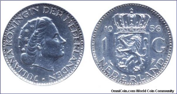 Netherlands, 1 gulden, 1956, Ag, Queen Juliana.                                                                                                                                                                                                                                                                                                                                                                                                                                                                     