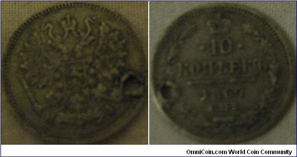 nice 1867 10 kopeck, sadly holed