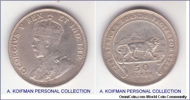 KM-9, 1911 East Africa & Uganda protectorates 50 cents; silver reeded edge; seller gave it AU grade but it is just extra fine althouygh nice details.