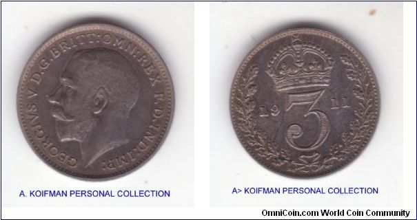 KM-813, 1911 Great Britain 3 pence maundy; proof like, especially reverse most likely exposed to the open air