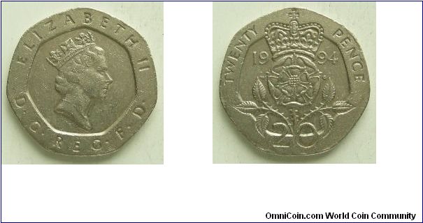 20 pence, 
Elizabeth II, 
3rd portrait,
Spink ref: 4361