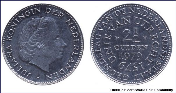 Netherlands, 2 1/2 gulden, 1979, Ni, Grondslag Van De Nederlandse Staat, Unie Van Utrecht, Queen Juliana.                                                                                                                                                                                                                                                                                                                                                                                                           