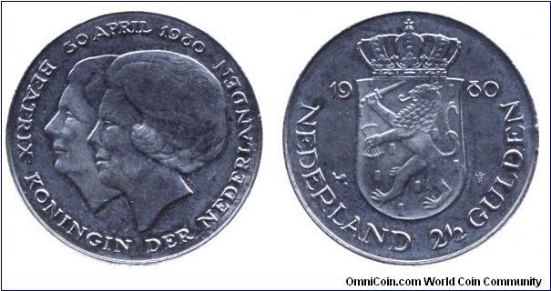 Netherlands, 2 1/2 gulden, 1980, Ni, Coronation of Queen Beatrix on 30 April 1980.                                                                                                                                                                                                                                                                                                                                                                                                                                  