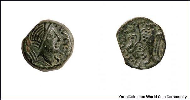 PIXTILOS coin of Gaul. The bird appears to be eating an unknown berry (perhaps olives?).