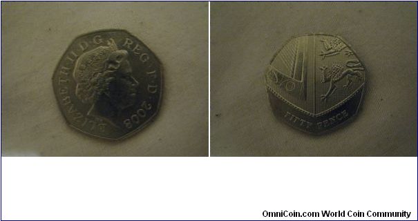 2008 shield 50p, 12 million minted but hard to find.