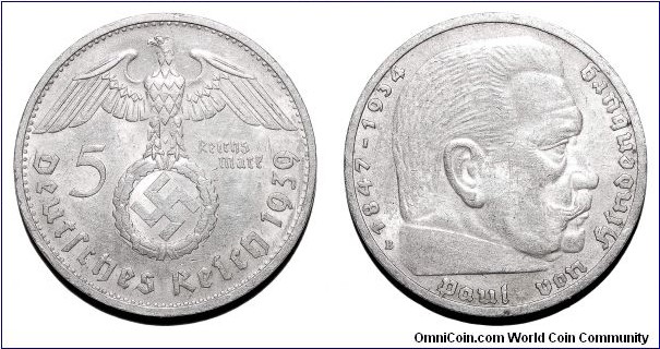 GERMANY (THIRD REICH)~5 Reichsmark 1939 B. Mint: Vienna