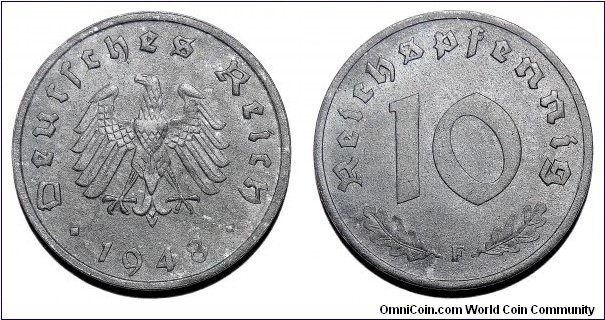 GERMANY (ALLIED OCCUPATION)~10 Reichspfennig 1948 F.   Last issue before official division of Germany. Mint: Stuttgart.
