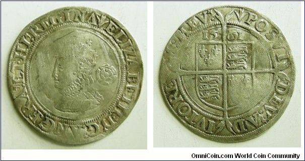 1561 Sixpence, 
Elizabeth I, 
With rose and date, 19mm beaded flan, small bust 1F, Pheon mint mark, 
Spink ref: 2560