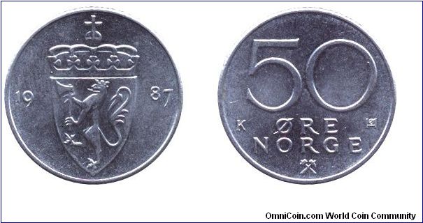 Norway, 50 öre, 1987, Cu-Ni.                                                                                                                                                                                                                                                                                                                                                                                                                                                                                        