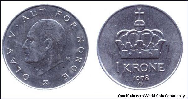 Norway, 1 krone, 1978, King Olav V (1957-1991).                                                                                                                                                                                                                                                                                                                                                                                                                                                                     