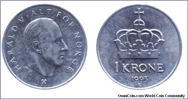 Norway, 1 krone, 1993, Cu-Ni, King Harald V.                                                                                                                                                                                                                                                                                                                                                                                                                                                                        