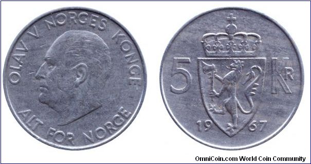 Norway, 5 kroner, 1967, Cu-Ni, King Olav V (1957-1991)                                                                                                                                                                                                                                                                                                                                                                                                                                                              