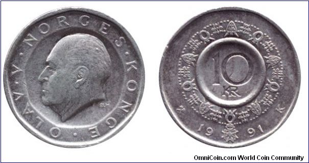Norway, 10 kroner, 1991, Cu-Ni, King Olav V (1957-1991).                                                                                                                                                                                                                                                                                                                                                                                                                                                            