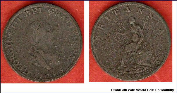 farthing
George III
Georgius III Dei Gratia Rex
seated Brittannia facing left
copper