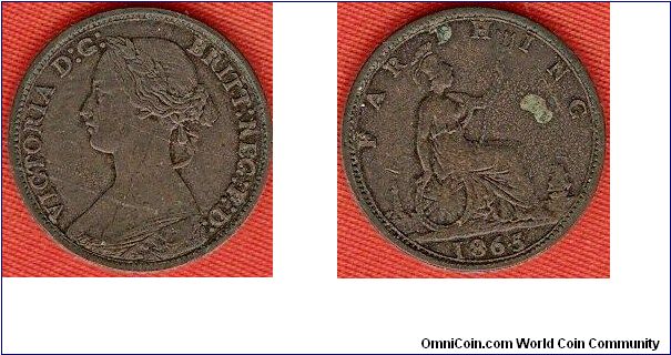 farthing
Victoria, young bust, toothed border
Victoria D.G. Britt. Reg. F.D.
seated Brittannia facing right
bronze