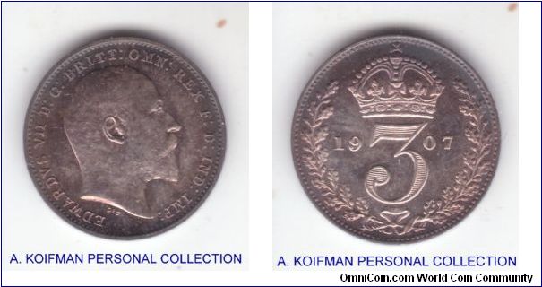 KM-797.2, 1907 Great Britain maundy three pence; nice proof like