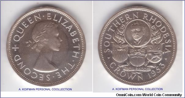 KM-27, 1953 Southern Rhodesia proof crown; one of the 1,500 minted; nice proof above average even with some toning in the center of obverse