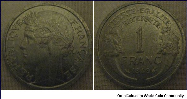 1 franc from 1949, slight lustre loss, but full lustre in the legend lettering, wonderful condition for aluminium