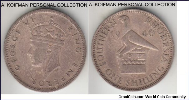 KM-18, 1940 Southern Rhodesia shilling; silver, reeded edge; toned, little wear, but darker tone, good very fine.