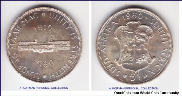KM-55, 1960 South Africa's last 5 shilling crown; nice proof with mirror ssurfaces and a bit of toning from the storage box